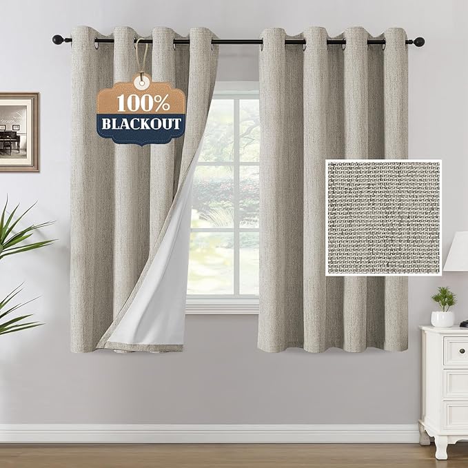 H.VERSAILTEX Chenille Linen Blackout Curtains for Bedroom 63 Inches Long Thermal Insulated Textured Linen Look Curtains with White Flocking Coating Back, Heathered Stone(Not Solid)