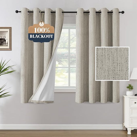H.VERSAILTEX Chenille Linen Blackout Curtains for Bedroom 63 Inches Long Thermal Insulated Textured Linen Look Curtains with White Flocking Coating Back, Heathered Stone(Not Solid)