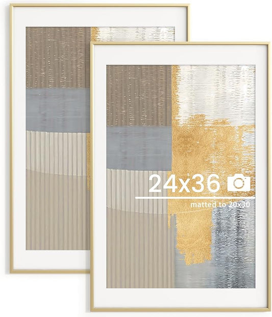 24x36 inch Metal Poster Frame - 24 x 36 Thin Aluminum Picture Frames Matted for 20x30 Photos, Artworks, Prints, Puzzle - High Definition Plexiglass - Vertical and Horizontal Display - Wall Hook Hanging Hardware Included - Gold, 2 Pack