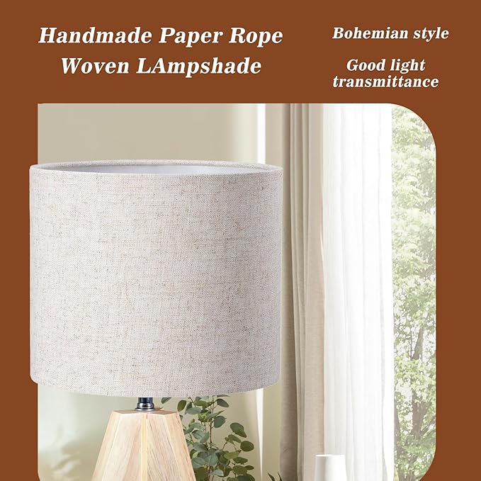 Tripod Table Lamp, Wooden Desk Lamp with Linen Beige Lampshade, 14.37 in Small Bedside Lamps, Birch Color Wooden E26 Base Lamps for Night Stands, Home, Office, Living Room, Dorm(Bohemian)