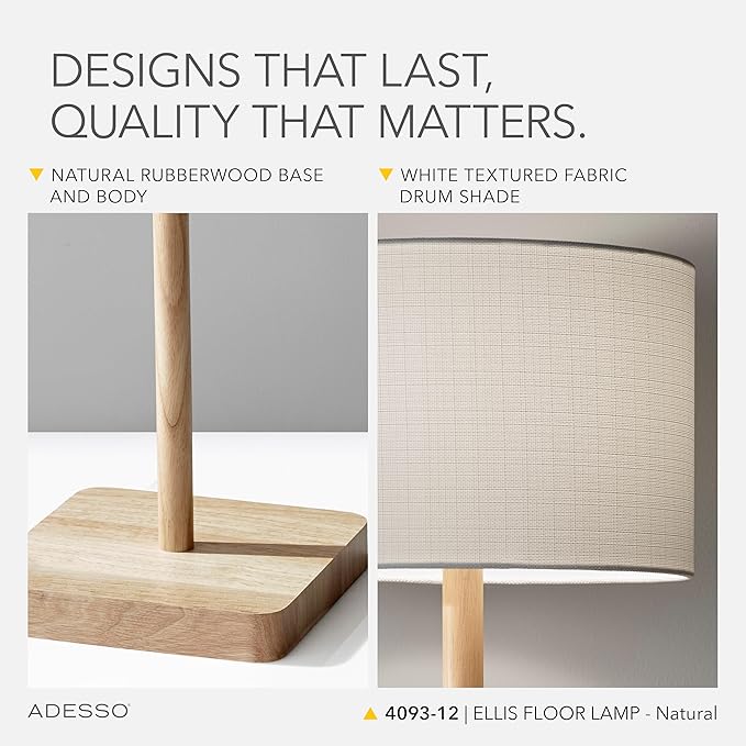 Adesso Floor Lamp with Natural Rubberwood Base and White Linen Lampshade – 3-Way Adjustable Brightness, Lamp for Bedroom, Living Room, and House Décor, 58.5” x 16”