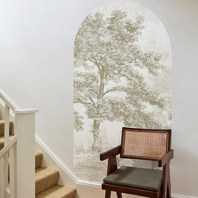 Zeeko Vintage Forest Arch Wall Mural Peel and Stick 31" W x 59" H Beige Tree Wallpaper Self-Adhesive Archway Wall Decals for Bedroom