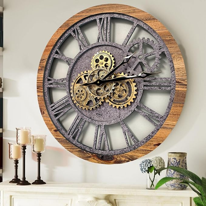 ImprovingLife The Gears Clock The Original Real Moving Gear Wall Clock Vintage Industrial Oversized Rustic Farmhouse (24 inch (60cm),Wood&Stone)