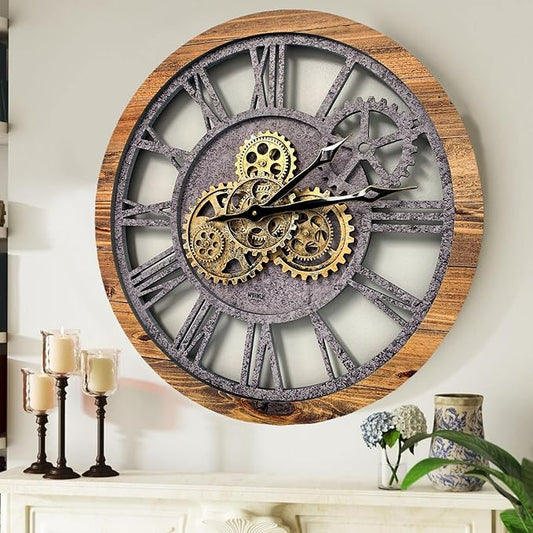 ImprovingLife The Gears Clock The Original Real Moving Gear Wall Clock Vintage Industrial Oversized Rustic Farmhouse (24 inch (60cm),Wood&Stone)