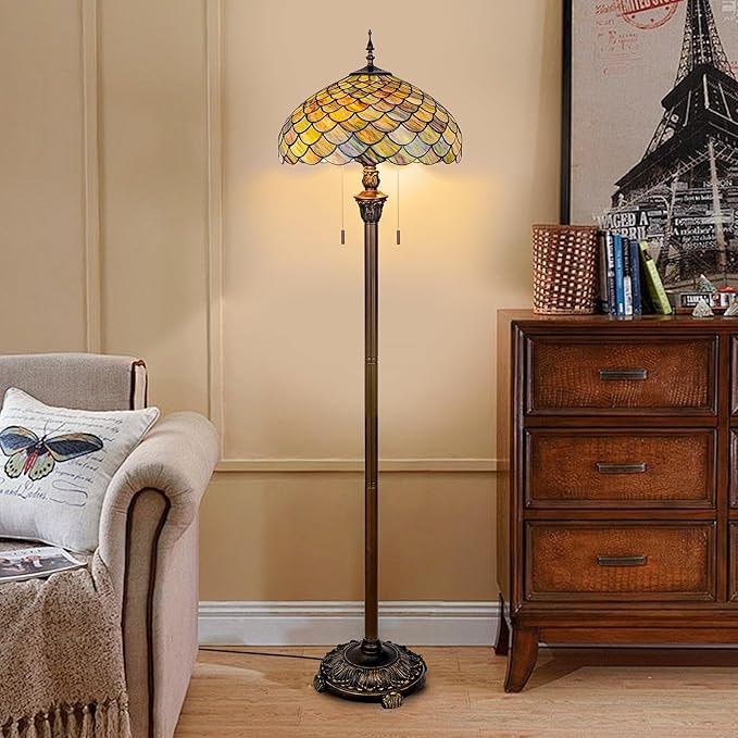 Tiffany Floor Lamp Green Wisteria Style Stained Glass Standing Reading Light 16x16x64 Inch Retro Inspired Pole Corner Lighting Art Decor for Bedroom Living Room Home Office (Green Fishscale)