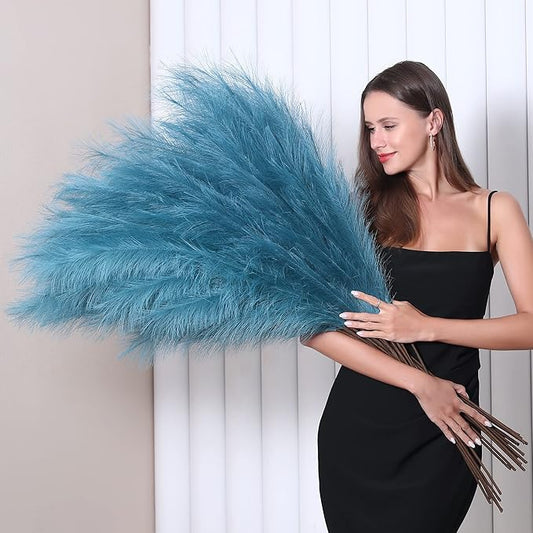 8 Pcs 45 inch Tall Faux Pampas Grass Decor, Large Artificial Blue Pompous Grass Bulk, Long Fake Pompas for Floor Vase Filler, Wedding, Baby Shower, Home and Boho Decor (Blue)