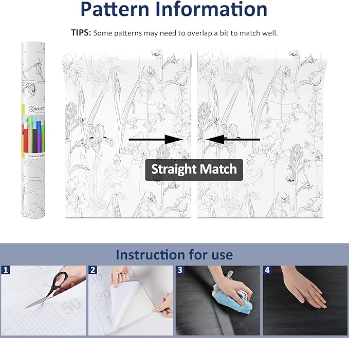 WESTICK Black White Floral Wallpaper Chinoiserie Sketch Floral Contact Paper Modern Iris Flower Peel and Stick Wallpaper for Bedroom Accent Walls Living Room Bathroom Laundry Room Cabinets 17.5"x100"