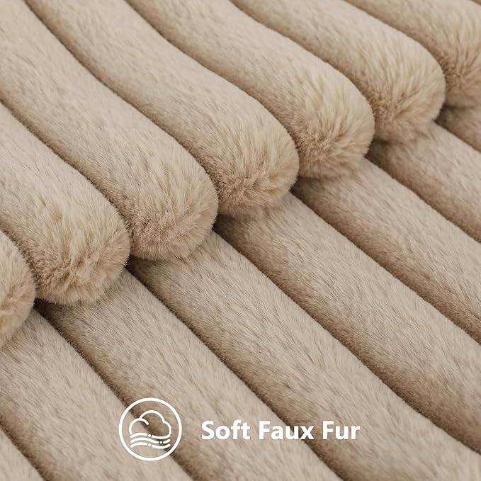 decorUhome Fall Faux Fur Throw Pillow Covers 12x20 Set of 2, Decorative Soft Plush Striped Neutral Couch Euro Pillow Covers with Velvet Back for Sofa, Bed, Living Room Home Decor, Light Khaki Brown