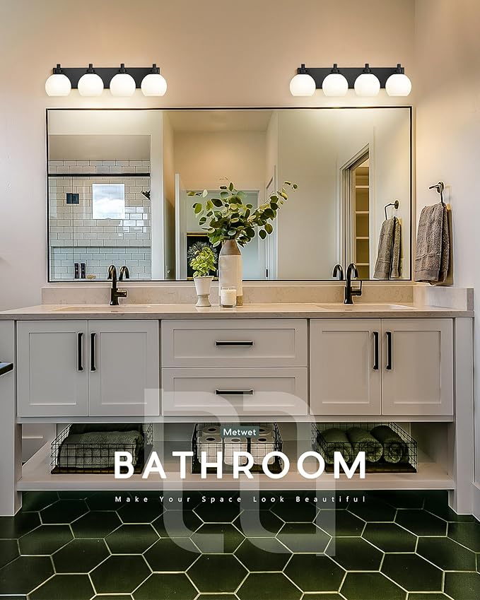 Bathroom Light Fixtures, 4 Light Matte Black Vanity Light, 26 Inch Modern Wall Sconces with Globe Milk White Glass Shade, Vanity Lighting Fixtures Over Mirror, VL195-MB-ML-4