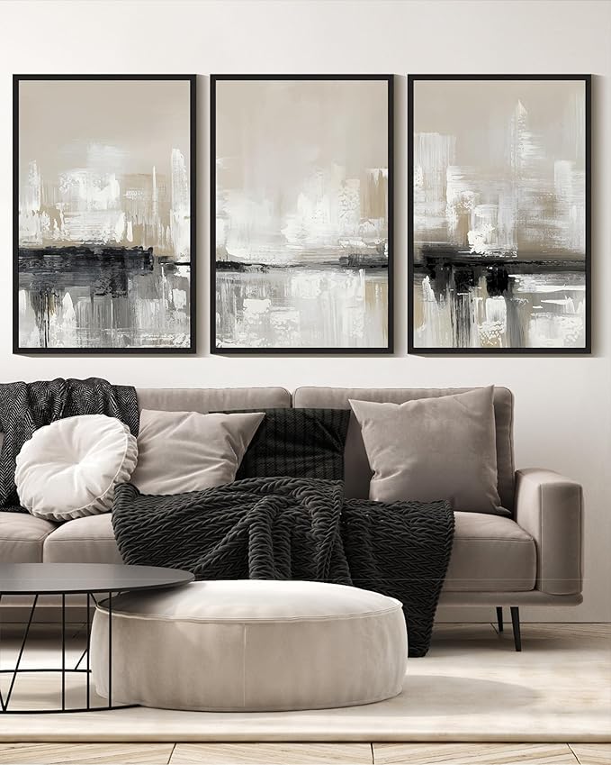 KUVIOKE Abstract Gray Framed Wall Art Neutral Brown Artwork Painting Morden Minimalist Wall Decor Rustic Home Decor 16x24in (Black Framed)