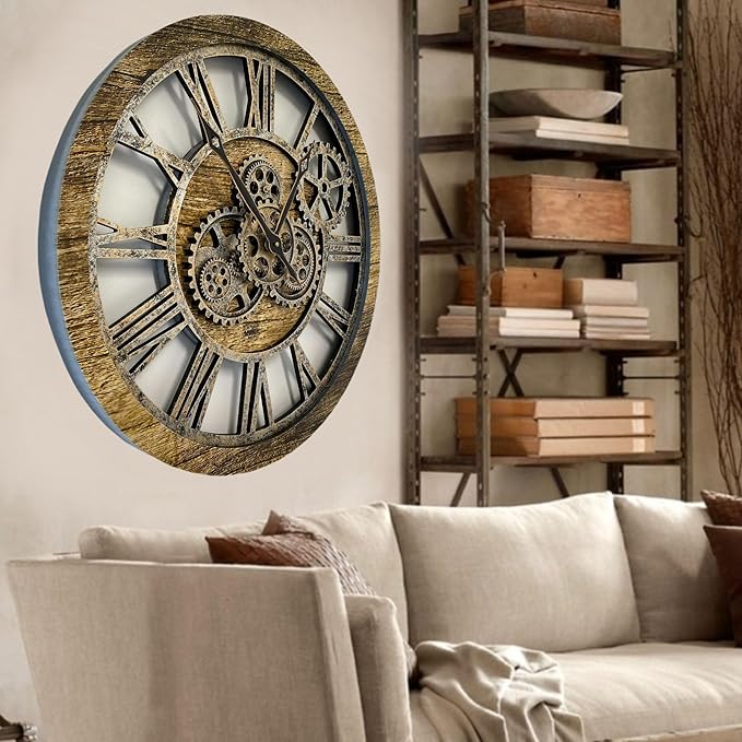 ImprovingLife The Gears Clock The Original Real Moving Gear Wall Clock Vintage Industrial Oversized Rustic Farmhouse (24 inch (60cm),Gold Antique)