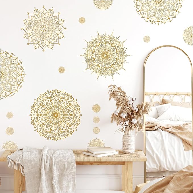 Large Mandala Wall Sticker Peel and Stick Boho Lotus Flower Wall Stickers Decor Mandala Floral Window Decals Clings Headboard Gold Mandala Wall Art Decal for Bedroom Living Room Yoga Decoration