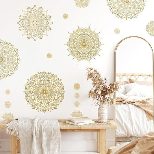 Large Mandala Wall Sticker Peel and Stick Boho Lotus Flower Wall Stickers Decor Mandala Floral Window Decals Clings Headboard Gold Mandala Wall Art Decal for Bedroom Living Room Yoga Decoration