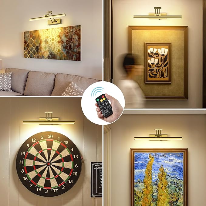 Joossnwell Picture Lights for Wall Battery Operated Art Light for Painting Wireless with Remote Rechargeable Brass Gallery Lighting 15.43 Inch for Portrait Library Artwork