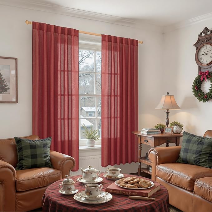 YoungsTex Red Linen Curtains for Living Room 72 Inches Long 2 Panels - Christmas Light Filtering Drapes with Back Tab Rod Pocket Privacy Semi Sheer for Bedroom, 52 X 72 Inch