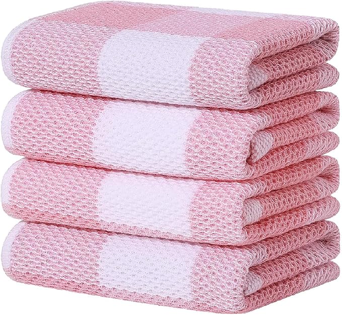 Homaxy 100% Cotton Waffle Weave Check Plaid Kitchen Towels, 13 x 28 Inches, Super Soft and Absorbent Dish Towels for Drying Dishes, 4-Pack, White & Pink