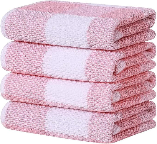 Homaxy 100% Cotton Waffle Weave Check Plaid Kitchen Towels, 13 x 28 Inches, Super Soft and Absorbent Dish Towels for Drying Dishes, 4-Pack, White & Pink