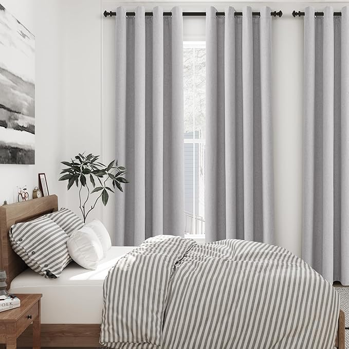 Grommet Grey Blackout Linen Curtains 84 inches Long for Bedroom Full Light Blocking Thermal Insulated Black Out Curtain Panels 84 Inch Length Energy Saving Room Darkening Curtain White Backing 52x84