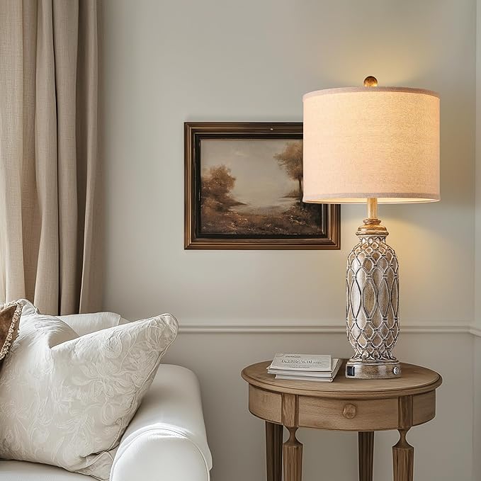 Farmhouse Lamps for Bedroom Set of 2, 28" VintageTable Lamps for Living Room with USB A+C Charging Ports, Touch Lamps for Nightstand, 2 Bulbs Included