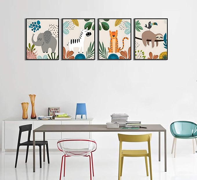 FJKLRP 4pcs Safari Nursery Wall Art Zebra elephant tiger monkey Pictures Poster Cute Animal Canvas Paintings Prints Decor for Kid Room Baby Room Wall Decor Unframed