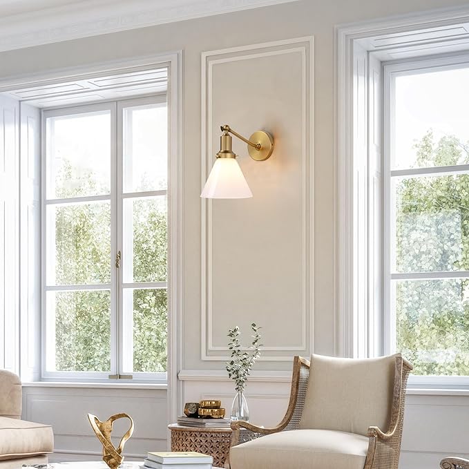 PERMO Industrial Vintage Slope Pole Wall Mount Single Sconce with Funnel Flared Milk White Glass Shade Wall Sconce Light Lamp Fixture