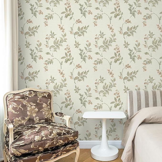 Vinjiasin Peel and Stick Wallpaper Beige Floral Contact Paper Vintage Flower Leaf Self Adhesive Removable Wall Paper for Bathroom Bedroom Livingroom 16.1"x 118"