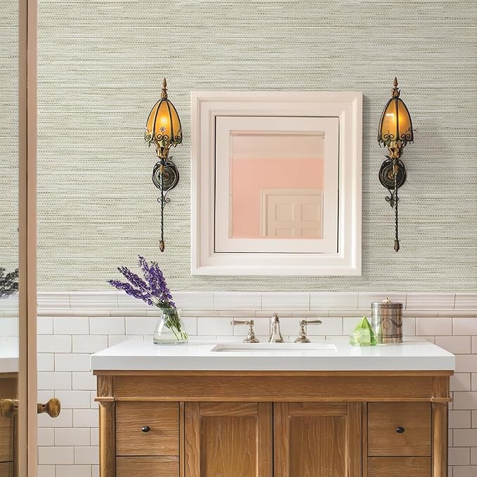 Simon&Siff Cream Textured Grasscloth Peel and Stick Wallpaper 17.7"x118" Neutral Faux Grassweave Waterproof Self Adhesive Removable Fabric Wallpaper Wall Mural for Bedroom Kitchen Cabinet