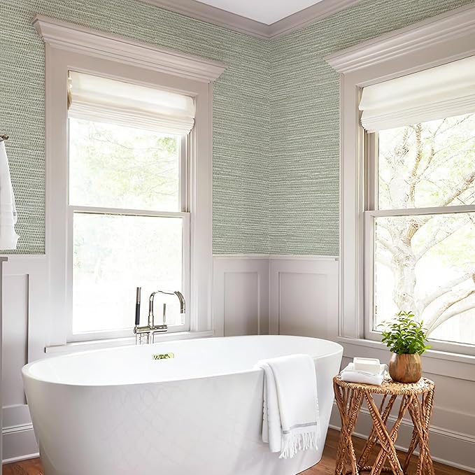 Green Grasscloth Peel and Stick Wallpaper 17.3" x 394" Renter Friendly Neutral Textured Grassweave Wallpaper Self Adhesive Removable for Bathroom Bedroom
