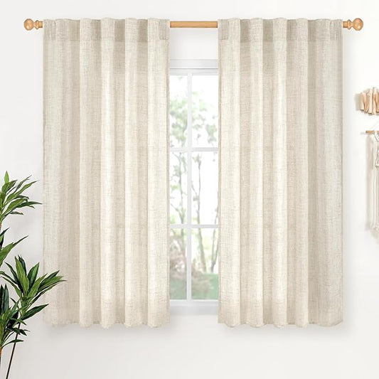 YoungsTex Linen Curtains 45 Inch Length for Kitchen Window, Cream Short Semi Sheer Drapes with Rod Pocket Back Tab Light Filtering Textured for Living Room Bedroom Bathroom, 2 Panels, 42 X 45 Inch