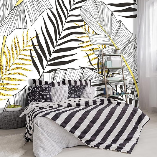-Black and Gold Tropical Botanical Banana Leaf Fabric Wallpaper Living Room Bedroom Bathroom Abstract Plant Large Wall Mural- 137"x96"（ not Peel and Stick）