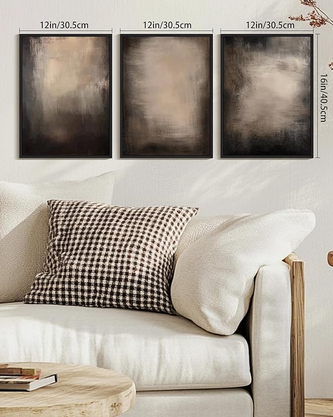 KUVIOKE Abstract Framed Wall Art Set Earthy in Deep Brown and Beige Tones Modern Art Decorative Home Decor 12x16in (Black Framed)