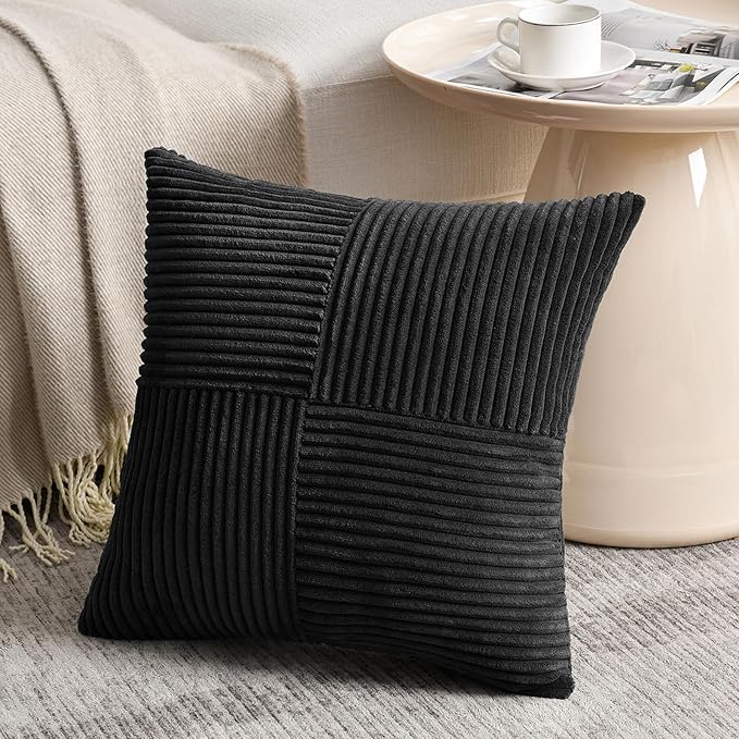 Fancy Homi Black Decorative Throw Pillow Covers 20x20 Inch for Living Room Couch Bed Sofa, Rustic Farmhouse Boho Home Decor, Soft Corss Corduroy Patchwork Accent Square Cushion Case 50x50 cm
