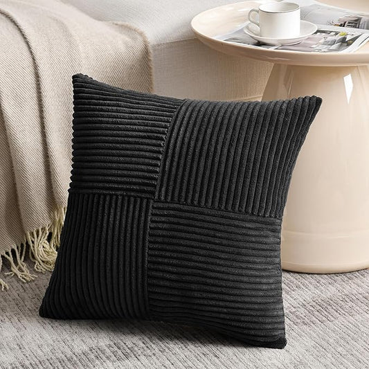 Fancy Homi Black Decorative Throw Pillow Covers 20x20 Inch for Living Room Couch Bed Sofa, Rustic Farmhouse Boho Home Decor, Soft Corss Corduroy Patchwork Accent Square Cushion Case 50x50 cm