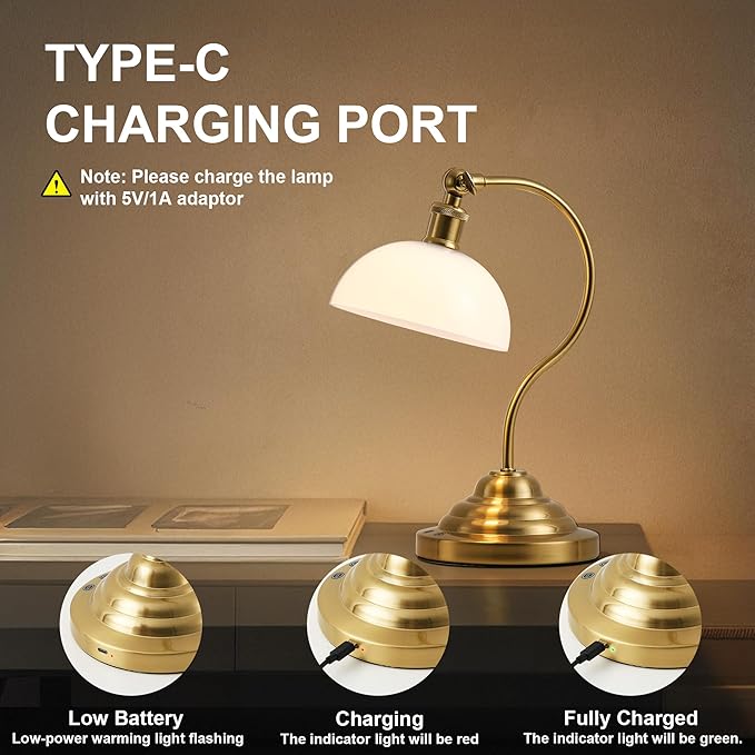 Cordless LED Table Lamp, 180° Swing Arm Desk Lamp, Battery Operated,Dimmable/3 Color, Vintage Rechargeable Table Light for Living Room,Bedroom,Bedside, White Shade, Brass