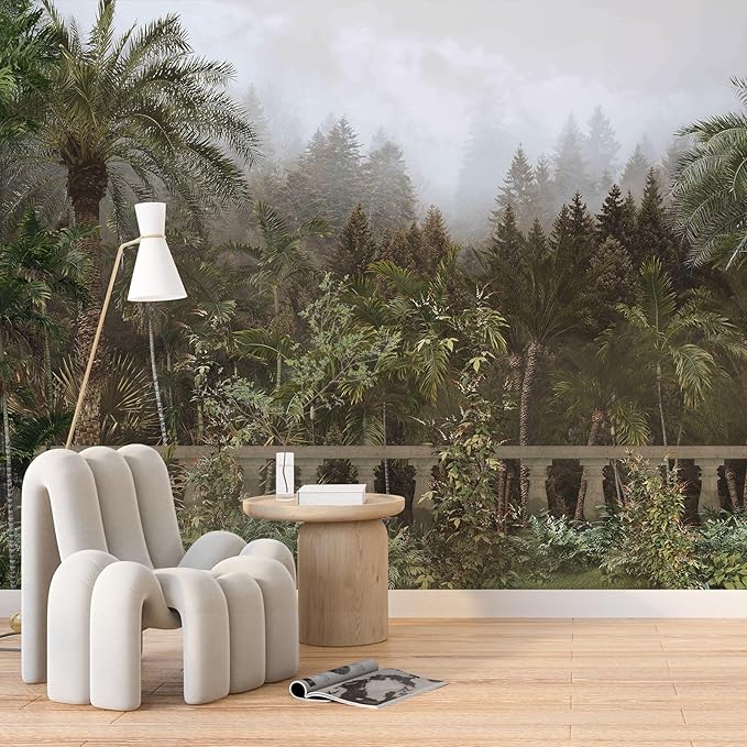 Zeeko Foggy Forest Woodland Wallpaper Mural Peel and Stick 148" W x 98" H Tropical Green Nature Landscapes Wall Murals for Bedroom Living Room
