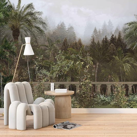 Zeeko Foggy Forest Woodland Wallpaper Mural Peel and Stick 148" W x 98" H Tropical Green Nature Landscapes Wall Murals for Bedroom Living Room