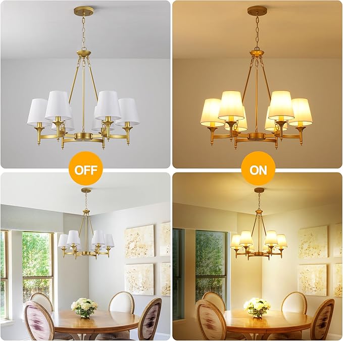 Gold Chandelier with White Shades, 6-Light Modern Farmhouse Chandeliers for Dining Room, Rustic Round Hanging Light Fixture for Kitchen Island Bedroom Office Living Room Entryway