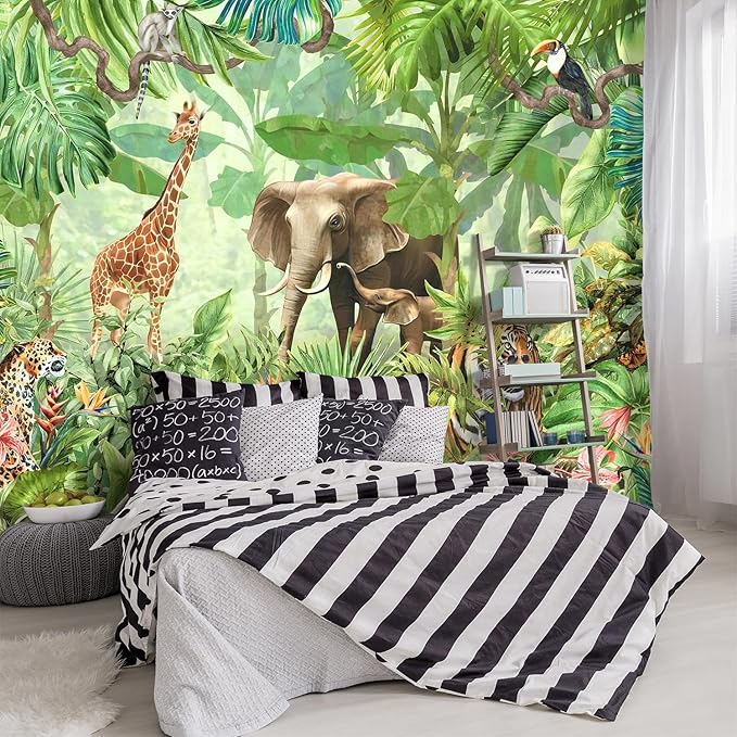 -Green Rainforest Plants Animals Tiger Cloth Wallpaper Jungle Plants Banana Leaves Boys Girls Kindergarten Children's Room Large Mural- 183"x120"（ not Peel and Stick）