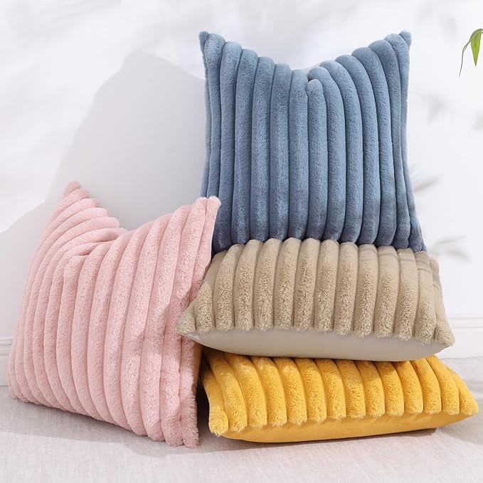 decorUhome Faux Fur Throw Pillow Covers 18x18 Set of 2, Decorative Soft Plush Striped Neutral Couch Euro Pillow Covers with Velvet Back for Sofa, Bed, Living Room Home Decor, Grey Blue
