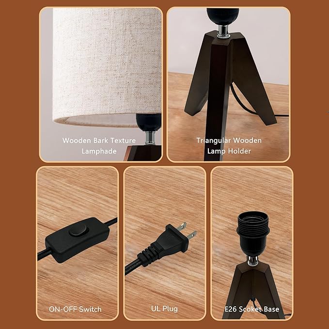 Tripod Table Lamp, Wooden Desk Lamp with Linen Beige Lampshade, 14.37 in Small Bedside Lamps, Brown Wooden E26 Base Lamps for Night Stands, Home, Office, Living Room, Dorm(Bohemian)