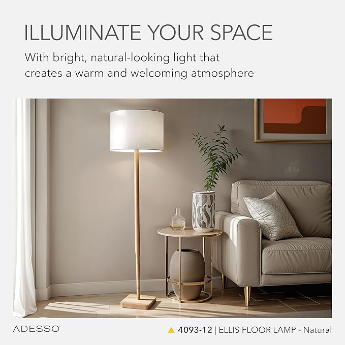 Adesso Floor Lamp with Natural Rubberwood Base and White Linen Lampshade – 3-Way Adjustable Brightness, Lamp for Bedroom, Living Room, and House Décor, 58.5” x 16”