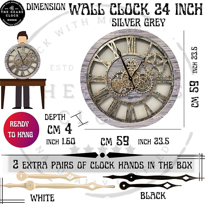 ImprovingLife The Gears Clock The Original Real Moving Gear Wall Clock Vintage Industrial Oversized Rustic Farmhouse (24 inch (60cm),Silver Grey)
