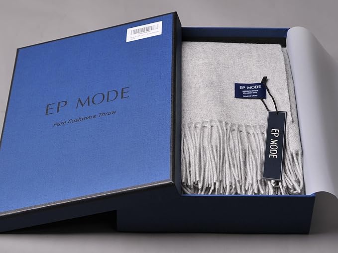 EP Mode 100% Pure Cashmere Throw Blanket for Sofa, Classic Design with Gift Box (Lt. Heather Grey)