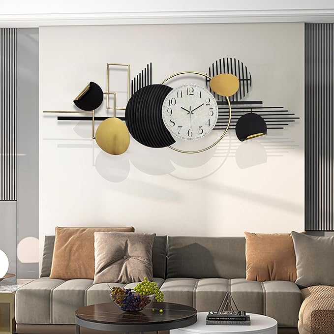 Metal Wall Art, Black and White Decor for Living Room, Abstract Modern Creative Geometric Round Art Decor 56" × 24" Large 3D Wall Clock for Bedroom, Dining Room, Home Hanging Wall Sculpture