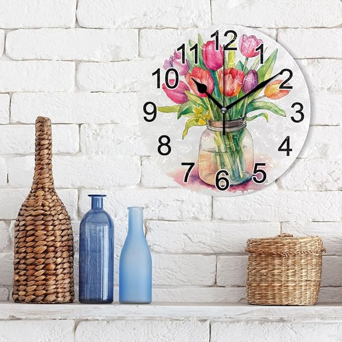 Tulips Bouquet Vase Wall Clock Non Ticking Silent Kitchen Clock Spring Flower Large Battery Operated Clocks 10 inch for Living Room Bedroom Decor