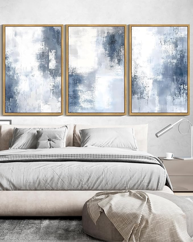 KUVIOKE Navy Blue and Gray Abstract Framed Canvas Wall Art Brush Strokes Block Shape Pastel Wall Decor Modern Minimalist Art Painting Home Decor 24x36in (Natural Framed)