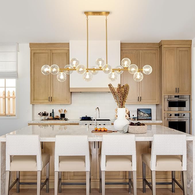 Modern Chandeliers for Dining Room Clear Glass 55" Large Dining Room Light Fixture, Gold Linear Sputnik Chandeliers Farmhouse Chandelier Kitchen Island, Electroplated Brass and Swirled Globe Shade