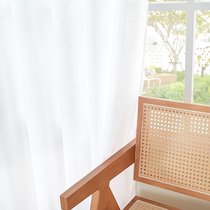 YoungsTex Short White Linen Curtains 45 Inch Length 2 Panels for Window, Semi Sheer Drapes Light Filtering with Rod Pocket Back Tab Lightweight for Cafe Kitchen Bathroom, 42 X 45 Inch