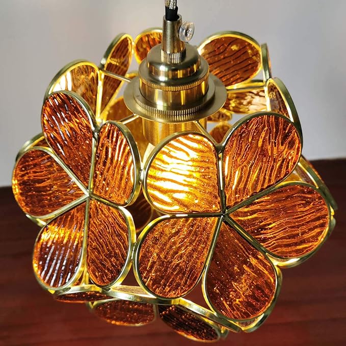 Bieye S10751 Tiffany Style Stained Glass Flower Petal Lampshade (Textured Amber, 8" Cherry Blossom)