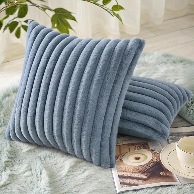 decorUhome Faux Fur Throw Pillow Covers 22x22 Set of 2, Decorative Soft Plush Striped Neutral Couch Euro Pillow Covers with Velvet Back for Sofa, Bed, Living Room Home Decor, Grey Blue